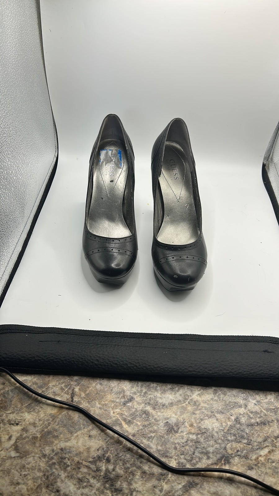 GUESS Black Faux Leather Wingtip Platform Heels