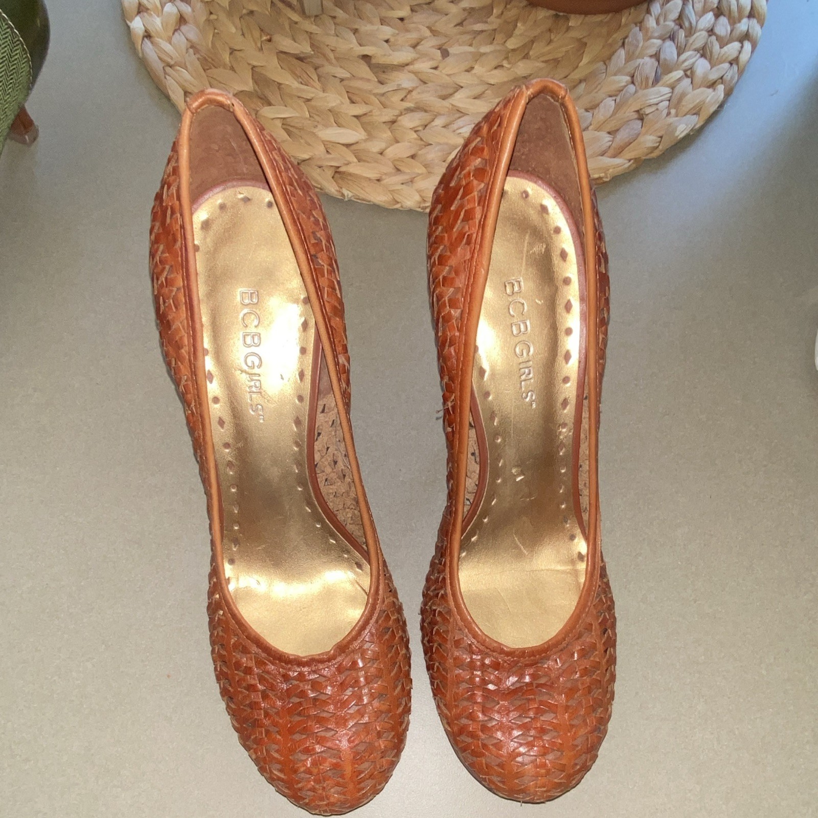 BCBGirls Brown Woven Leather Round Toe Stiletto Slip-On Pump Heels