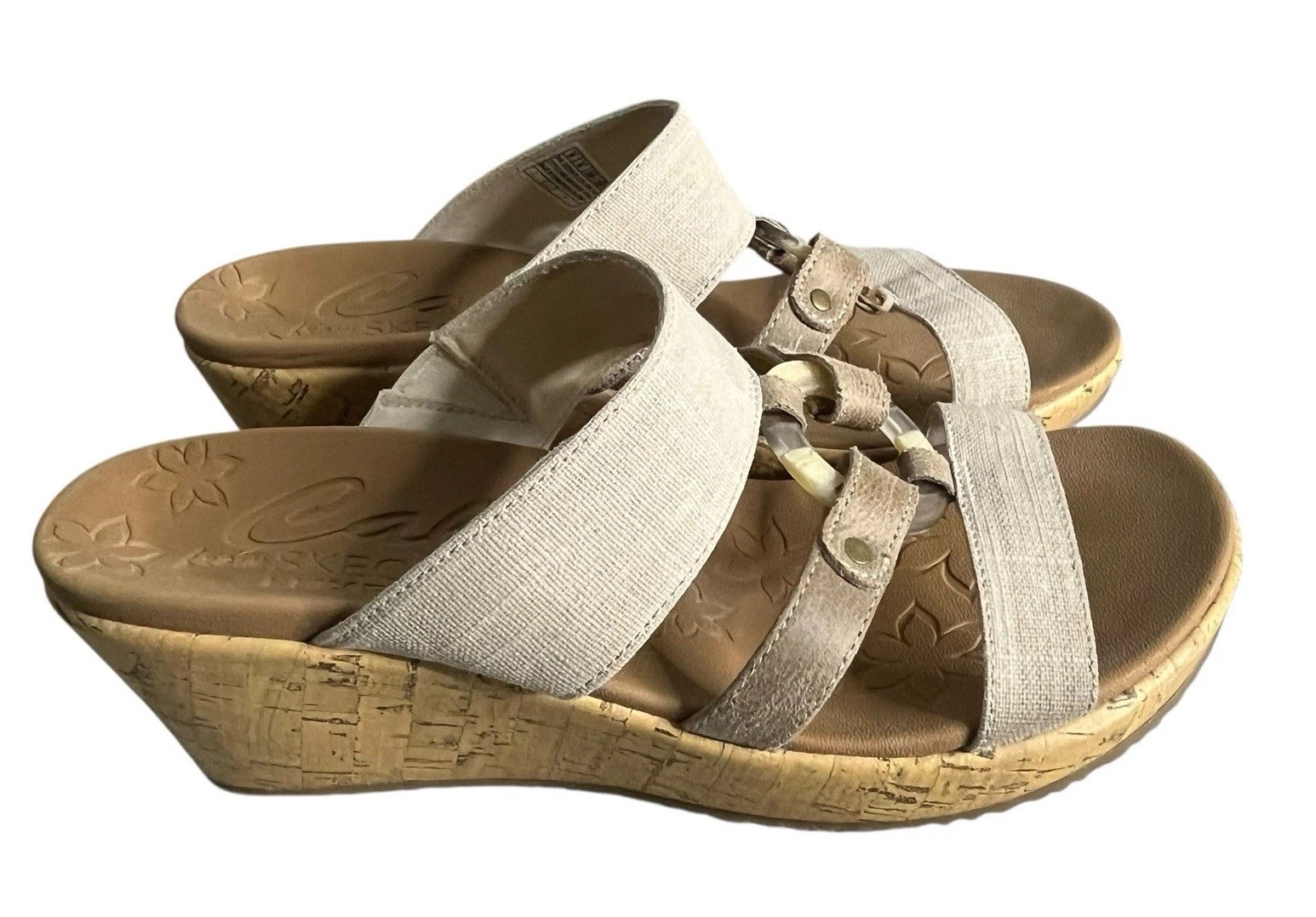 Cali From Skechers Sandals Size 9 Cork Wedge Heel Canvas Strap Natural Casual