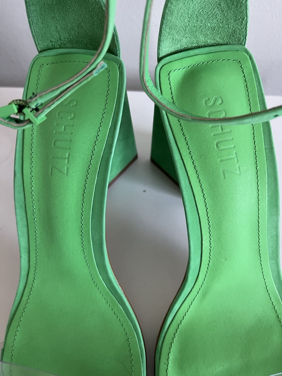 SCHUTZ Bright Green Suede Block Heel Sandals with Clear Toe Strap size 9