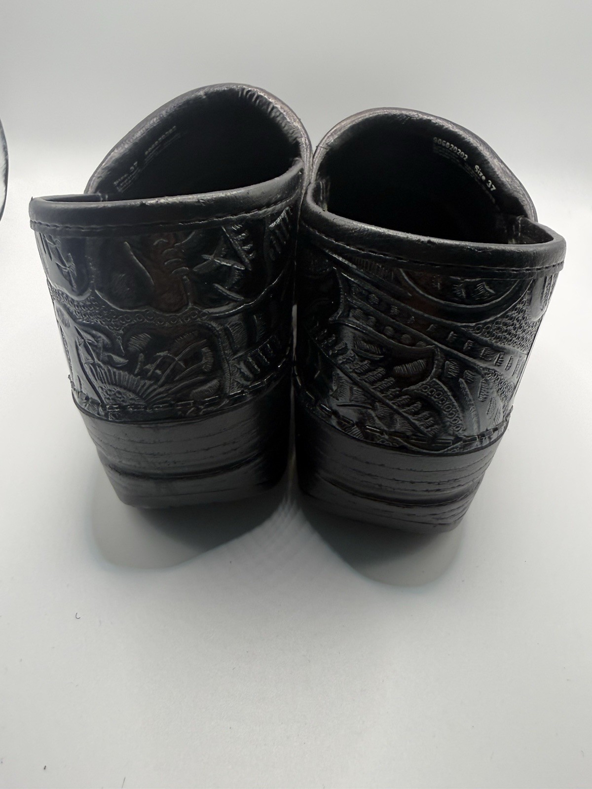 Dansko Professional Clogs EU 37 US 6.5 7 Black Embossed Leather Tooled Shoes