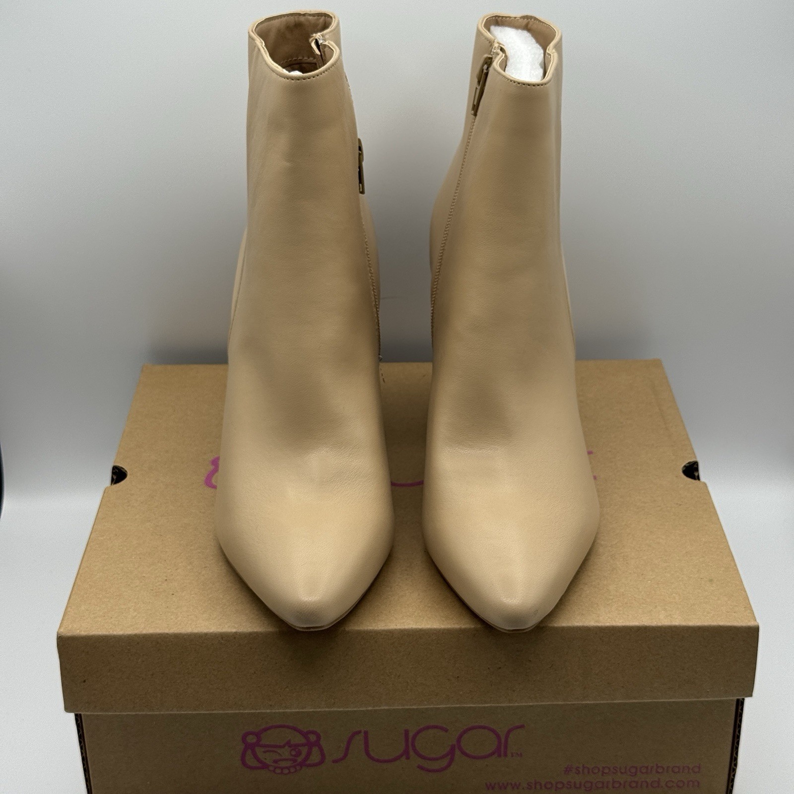 Sugar Evvie Tan Smooth Block Heel Ankle Boots Women’s 9M Zip Booties