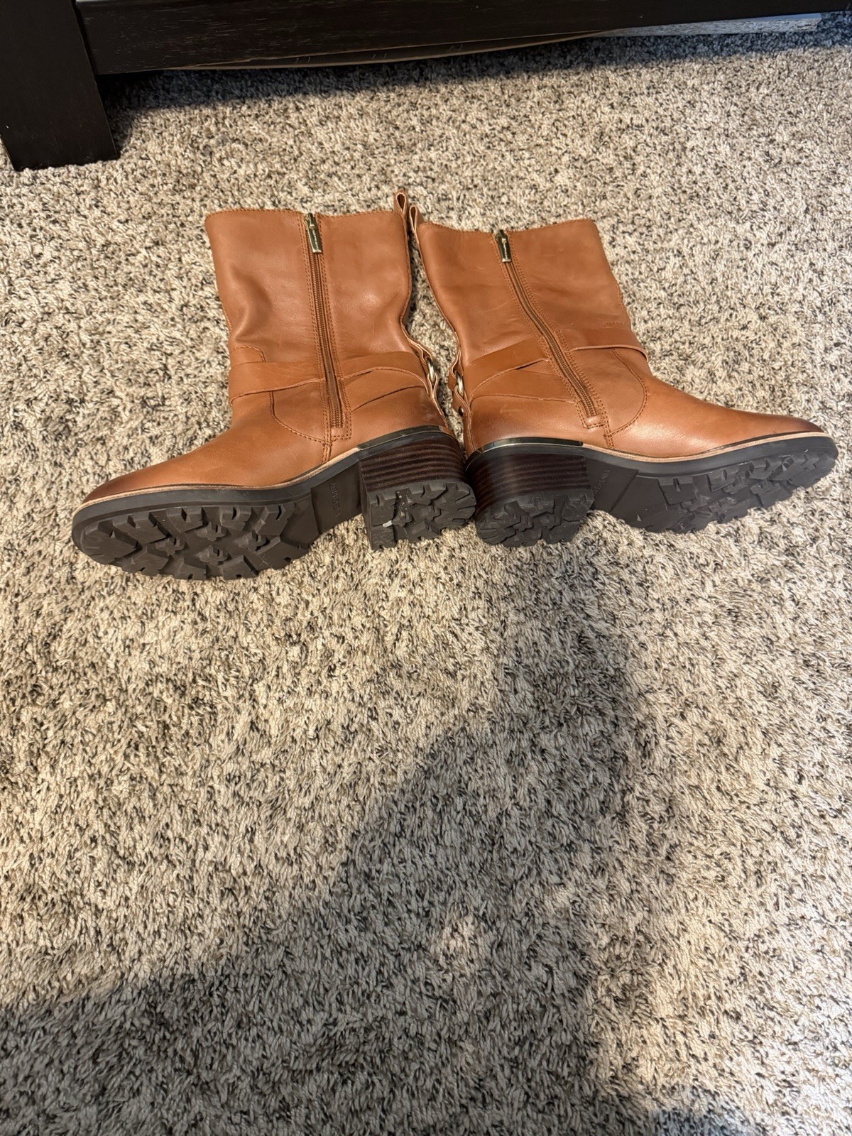 Vince Camuto Kerivini Brown Leather Mid-Calf Boots Zip Buckle Comfort 7M