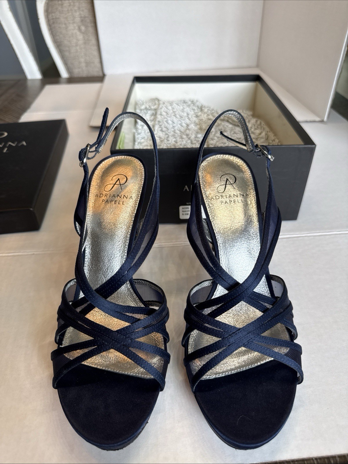 Adrianna Papell Navy Satin Strappy Heels Buckle Open Toe Adjustable Strap 9.5