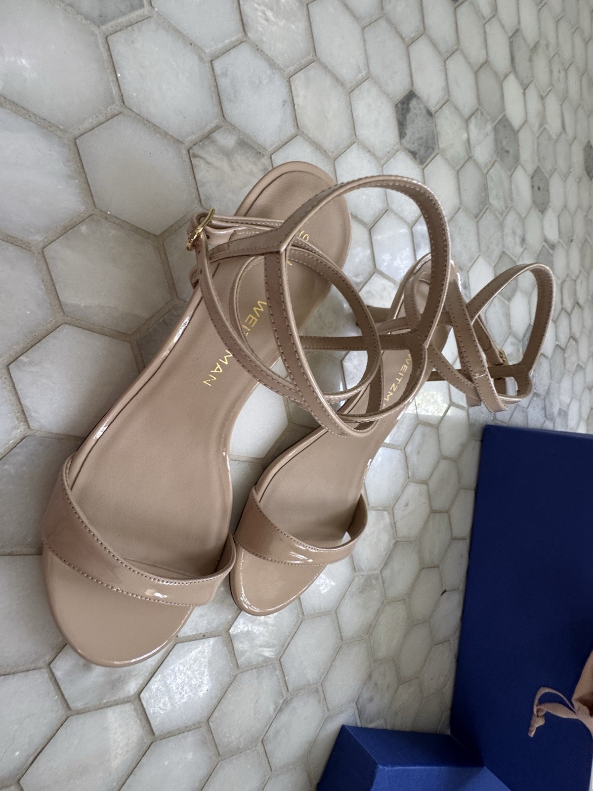 Stuart Weitzman Beige Patent Leather Strappy Ankle Strap Block Heel 8B