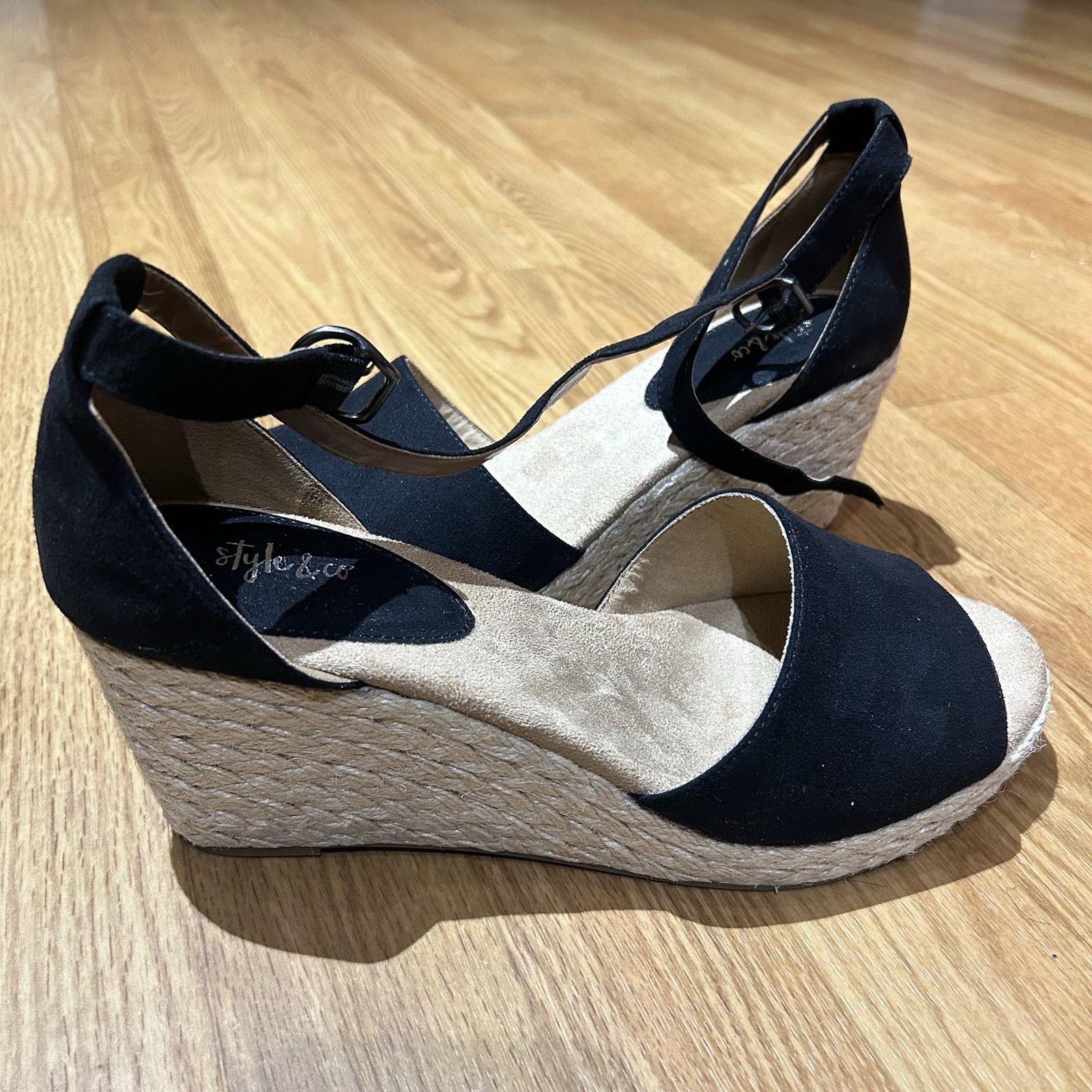 Style & Co. Women’s US 11 Black Leather Espadrille Wedge Ankle Strap Sandals