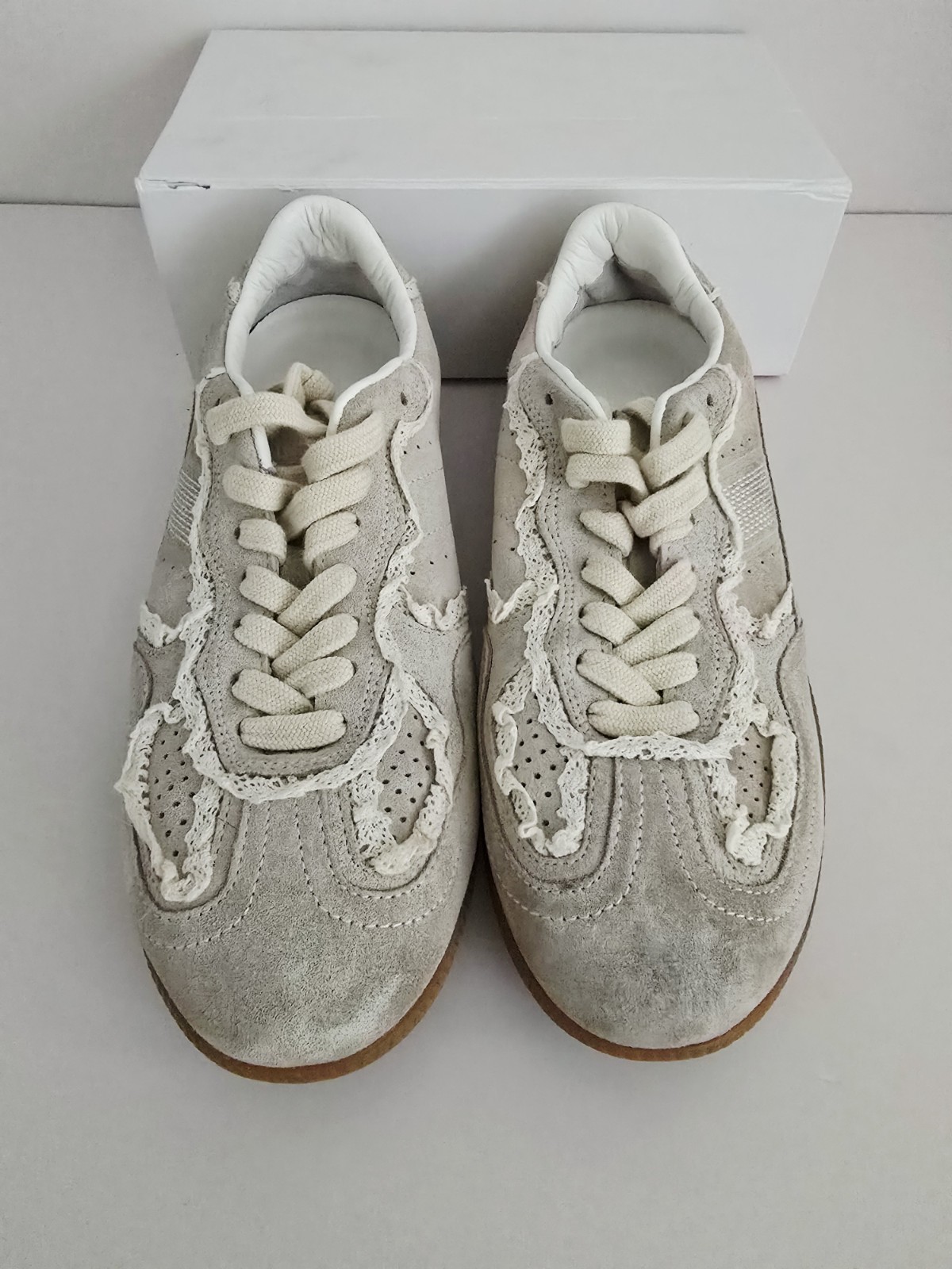 Alohas Tb.490 Crochet Leather Sneakers Shoes 7 7.5 38 Cream Grey Gray Lace Up