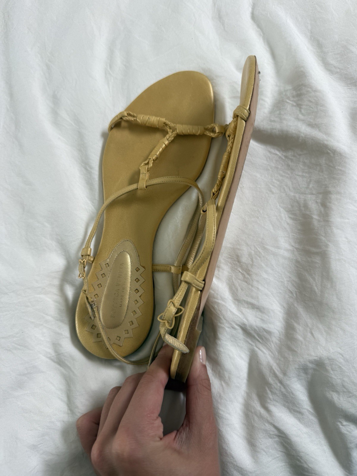 Bottega Veneta Gold Leather Strappy Slip-On Sandals Braided Straps EU 37