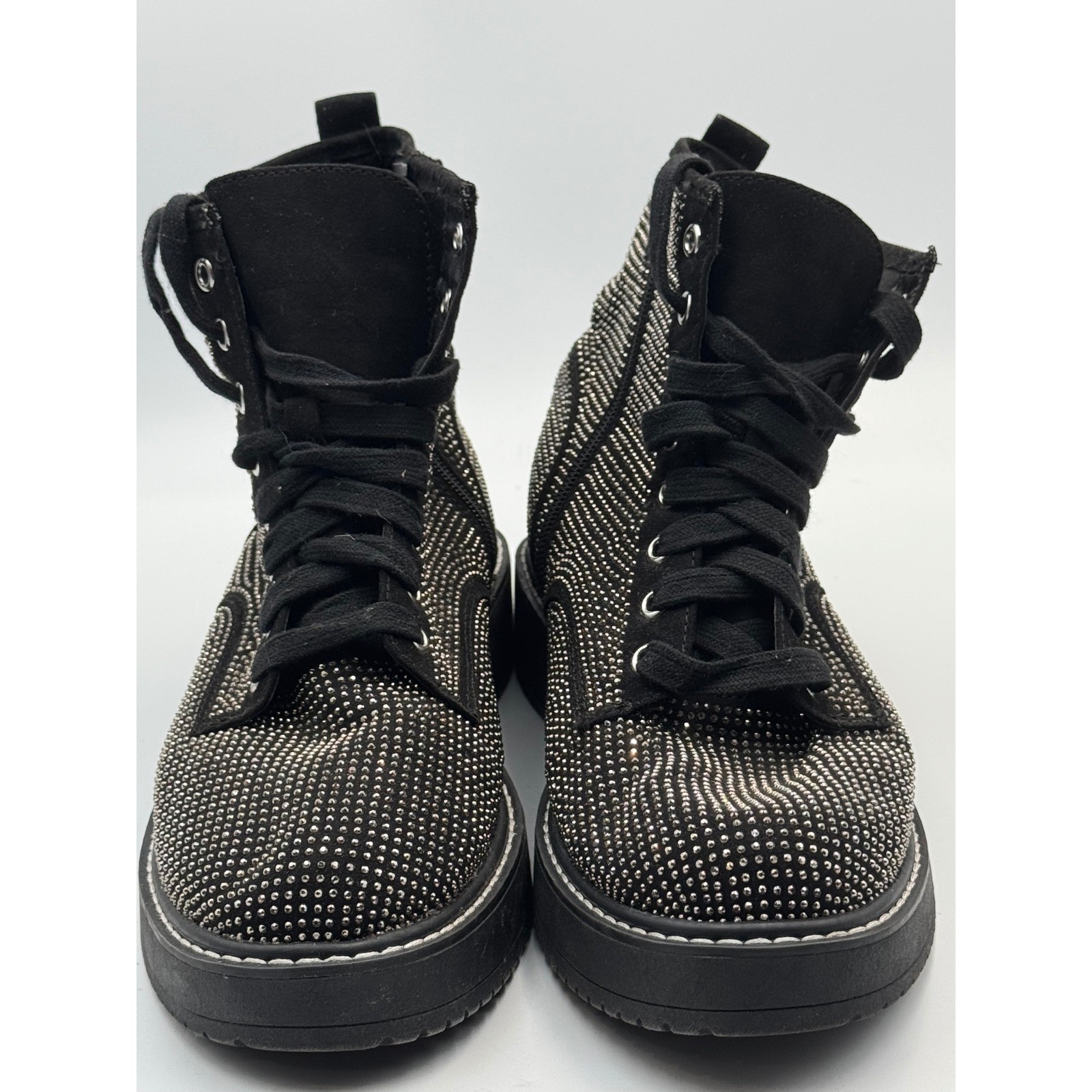 Black Rhinestone Studded Platform Combat Boots Lace Up Side Zip Edgy Glam