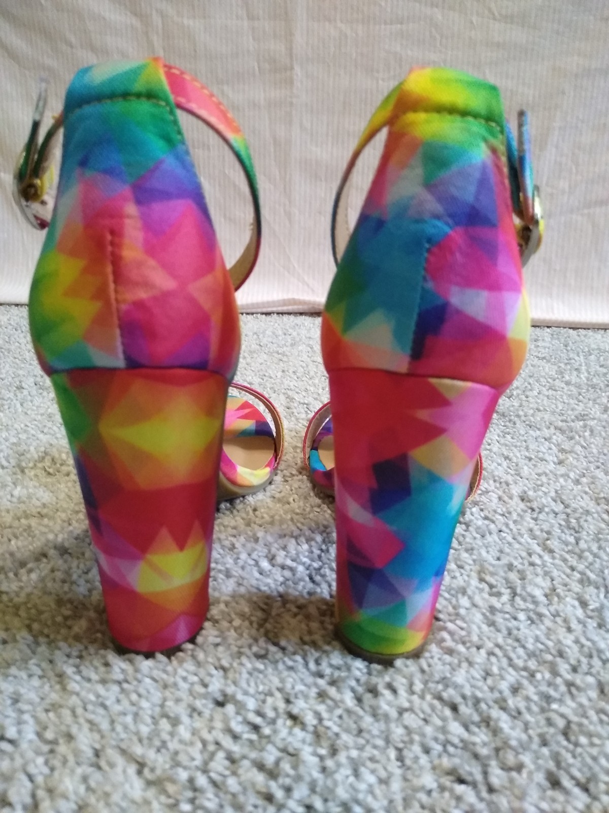 Y2K High Heels Rainbow Chunky Heels Sandals Textured Fabric Vintage Heels NIB 7