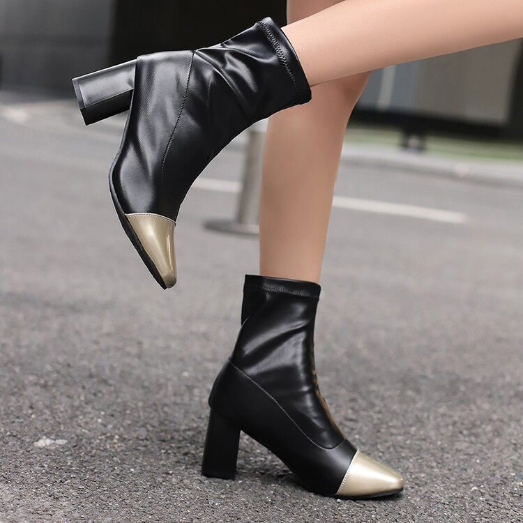 Women’s Faux Leather Patchwork Ankle Short Boots Block Heels Pull On Leisure OL