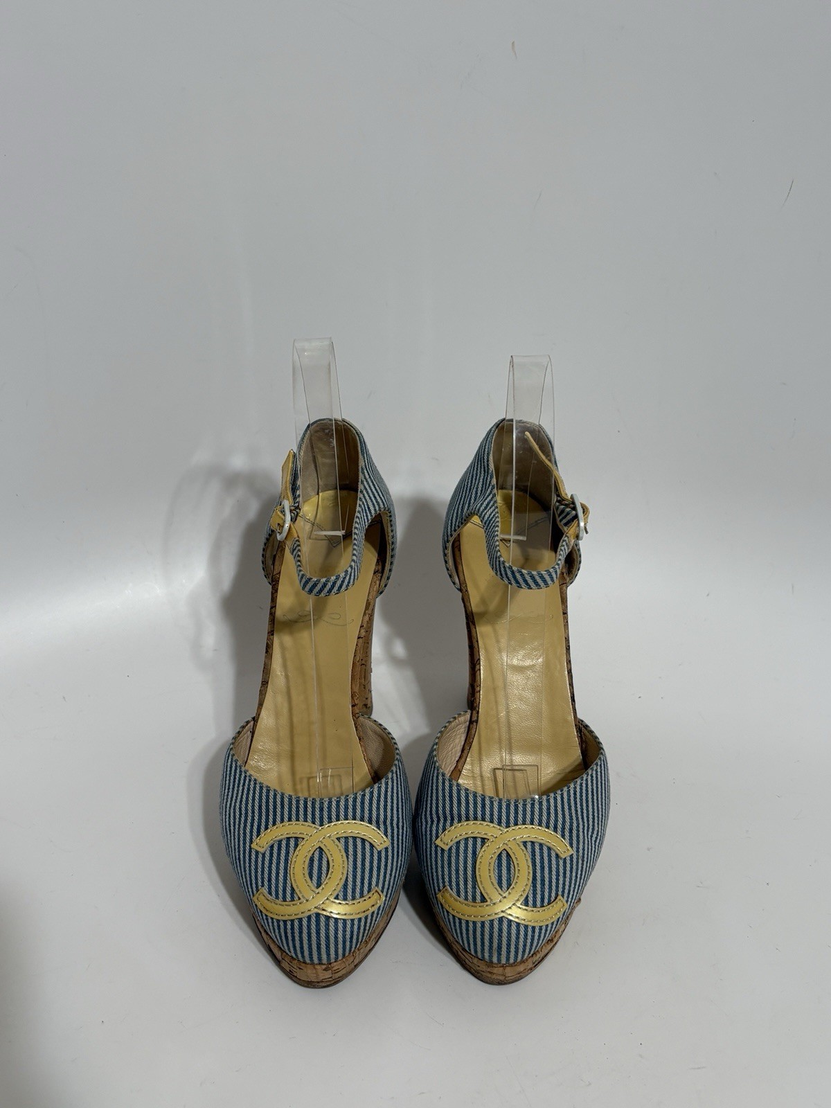 Vtg Chanel Blue CC Logo Striped Platform Heels 37