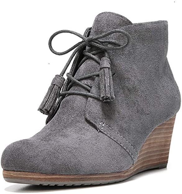 NIB Dr. Scholl’s Womens Dakota Booties Dark Gray Microfiber Suede Tie Wedge 8.5W