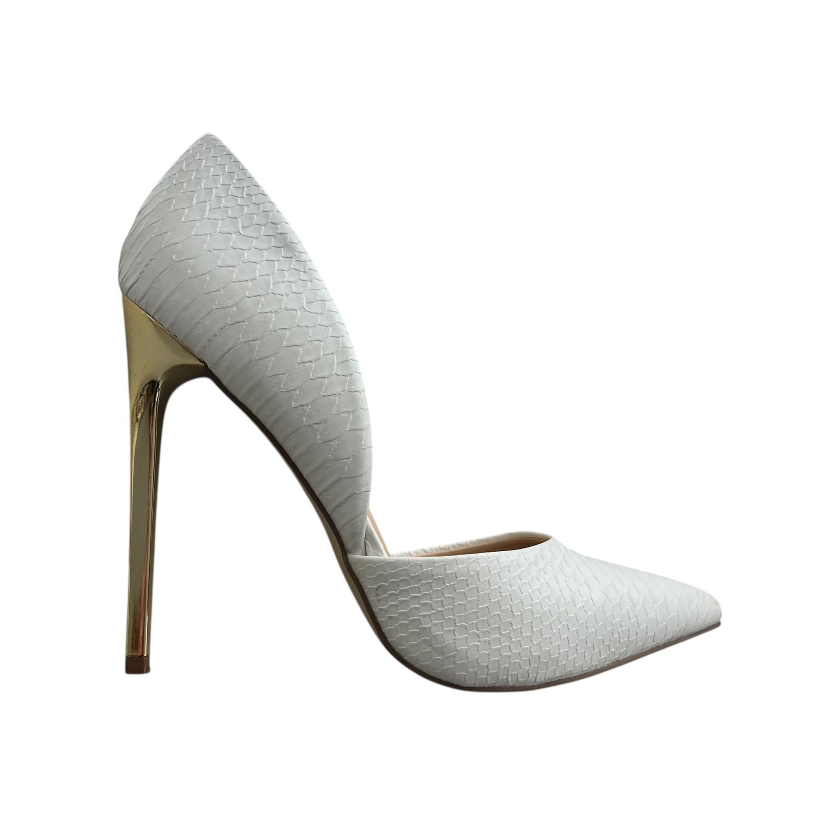 JUST FAB Women 9.5 White Gold Embossed Snakeskin Pointed Toe D’orsay Monika Heel