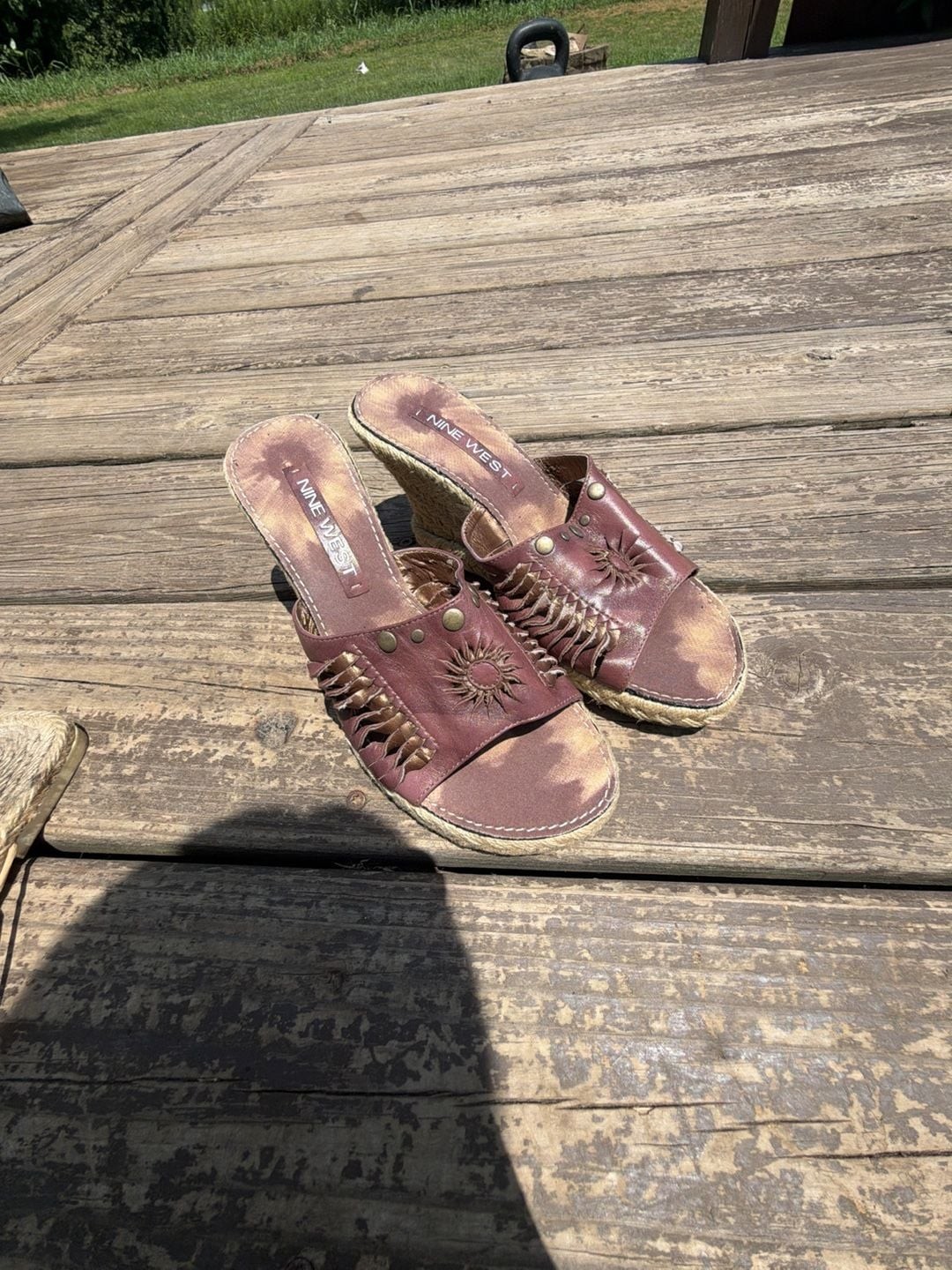 Nine West Brown Leather Woven Espadrille Wedge Sandals