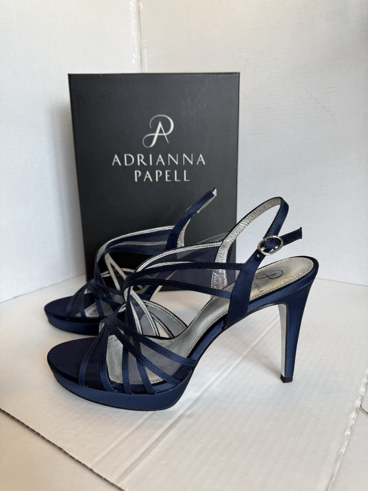 Adrianna Papell Navy Satin Strappy Heels Buckle Open Toe Adjustable Strap 9.5