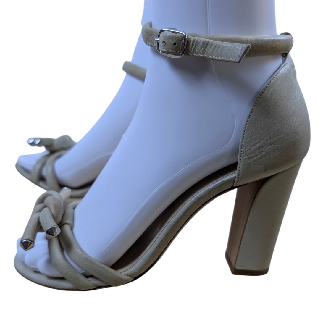 Balenciaga Beige Block Heels Knot Detail Silver Accents Sandal EU 36 US 6