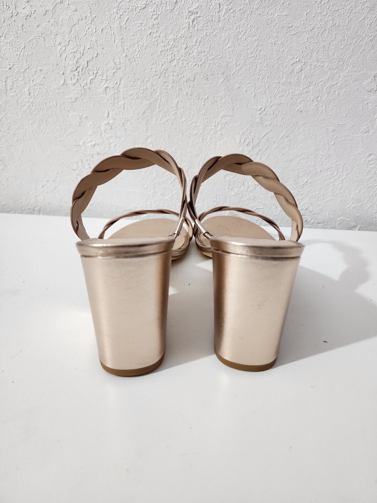 Stuart Weitzman Twistie Rose Gold Leather Slip On Block High Heel Sandals 10.5