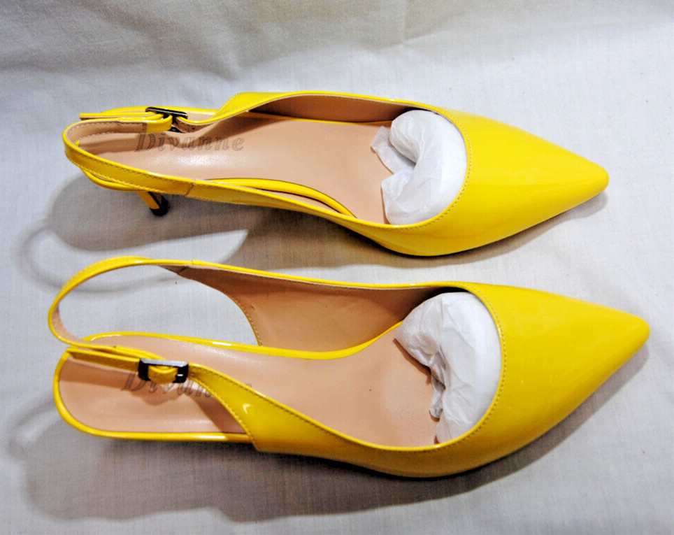 Divanne Womens Kitten Heel Slingback Closed Pointed-Toe Dress Shoes Yellow T2365