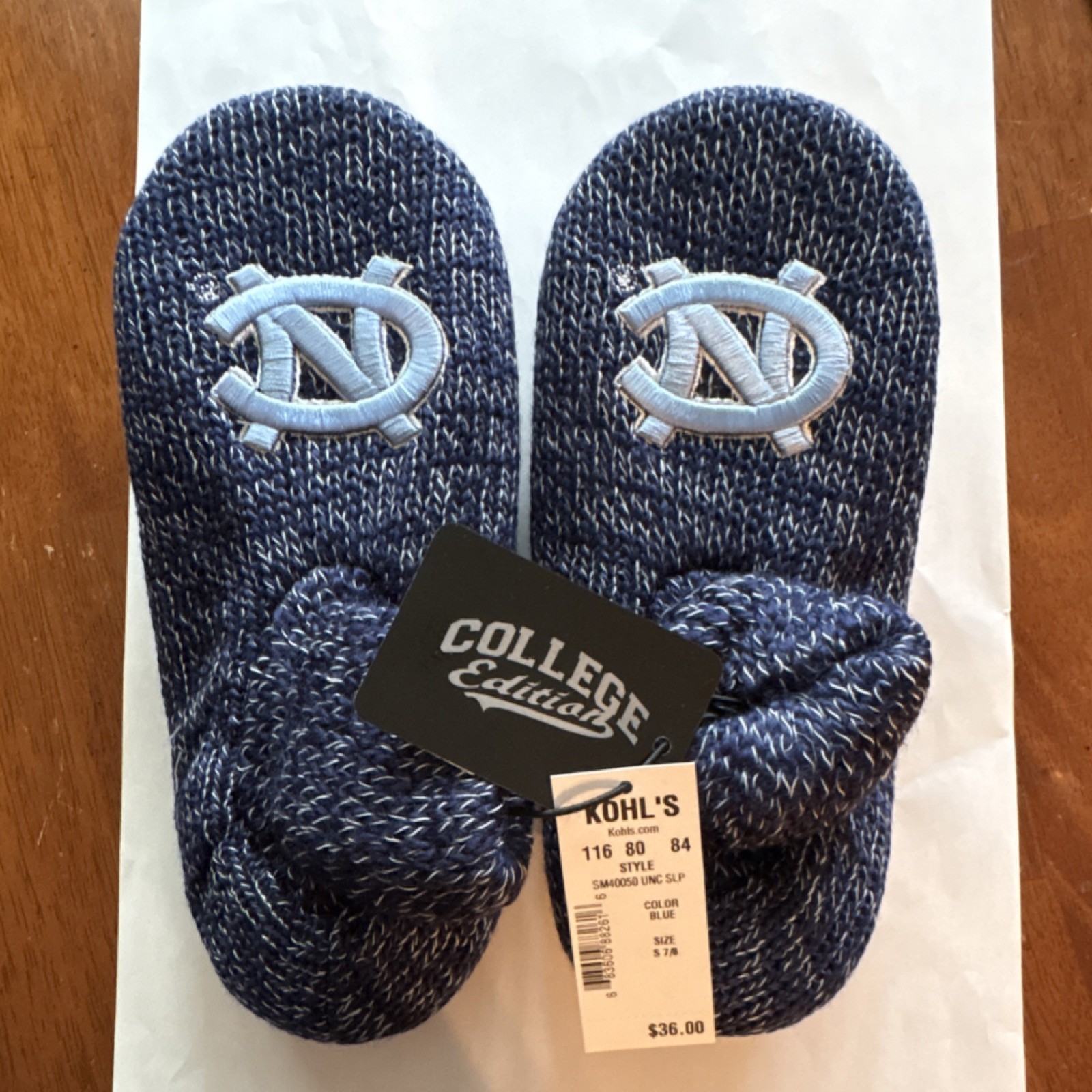 College Edition UNC Slip-On Knit Slippers Blue Ragg Wool women 9/10; men 7/8