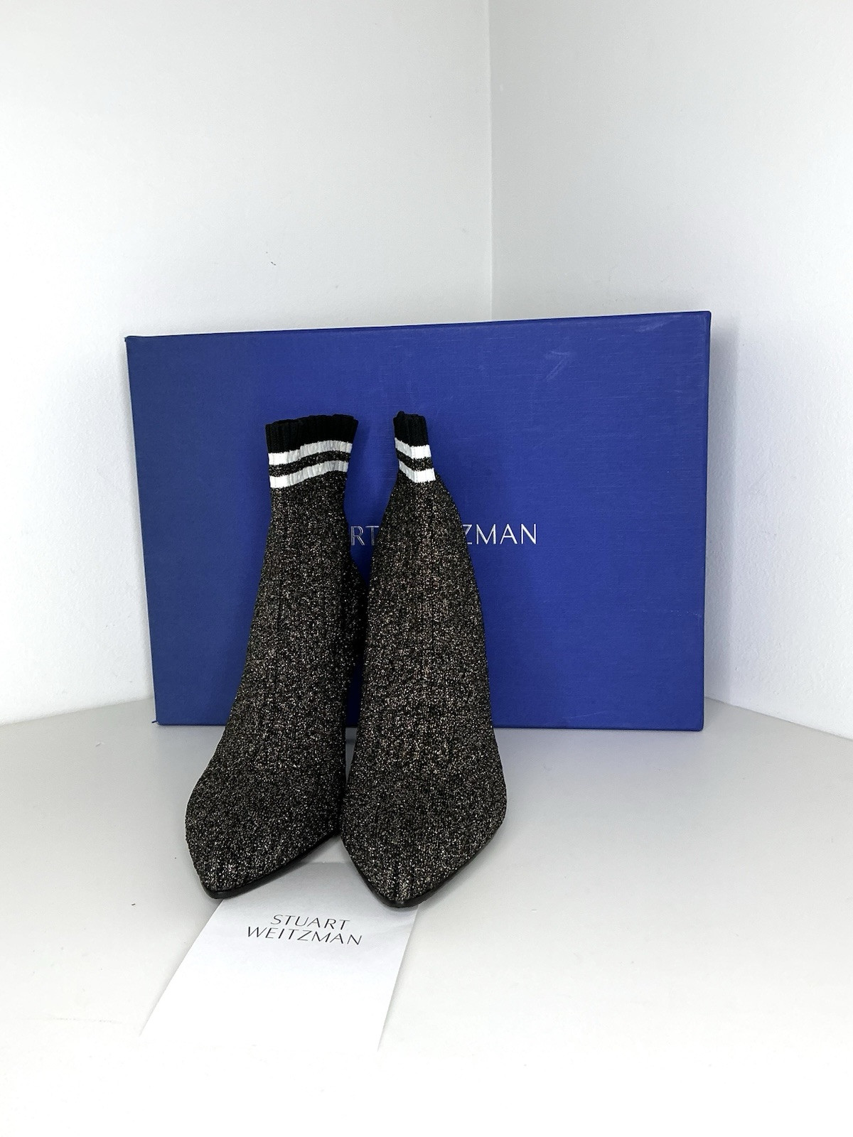 NEW $575 Stuart Weitzman Women’s Waverly Sock Bootie Black Gold US 9 M