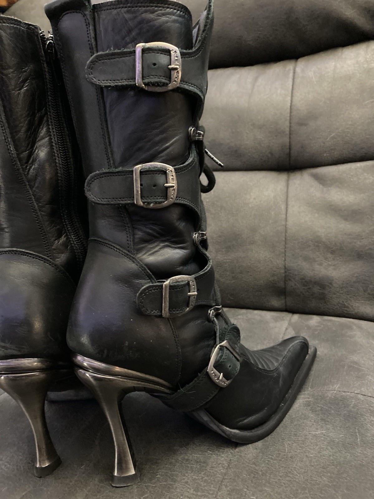 New Rock Black Leather Biker Mid-Calf Boots Buckles Lace-Up Women EU 38