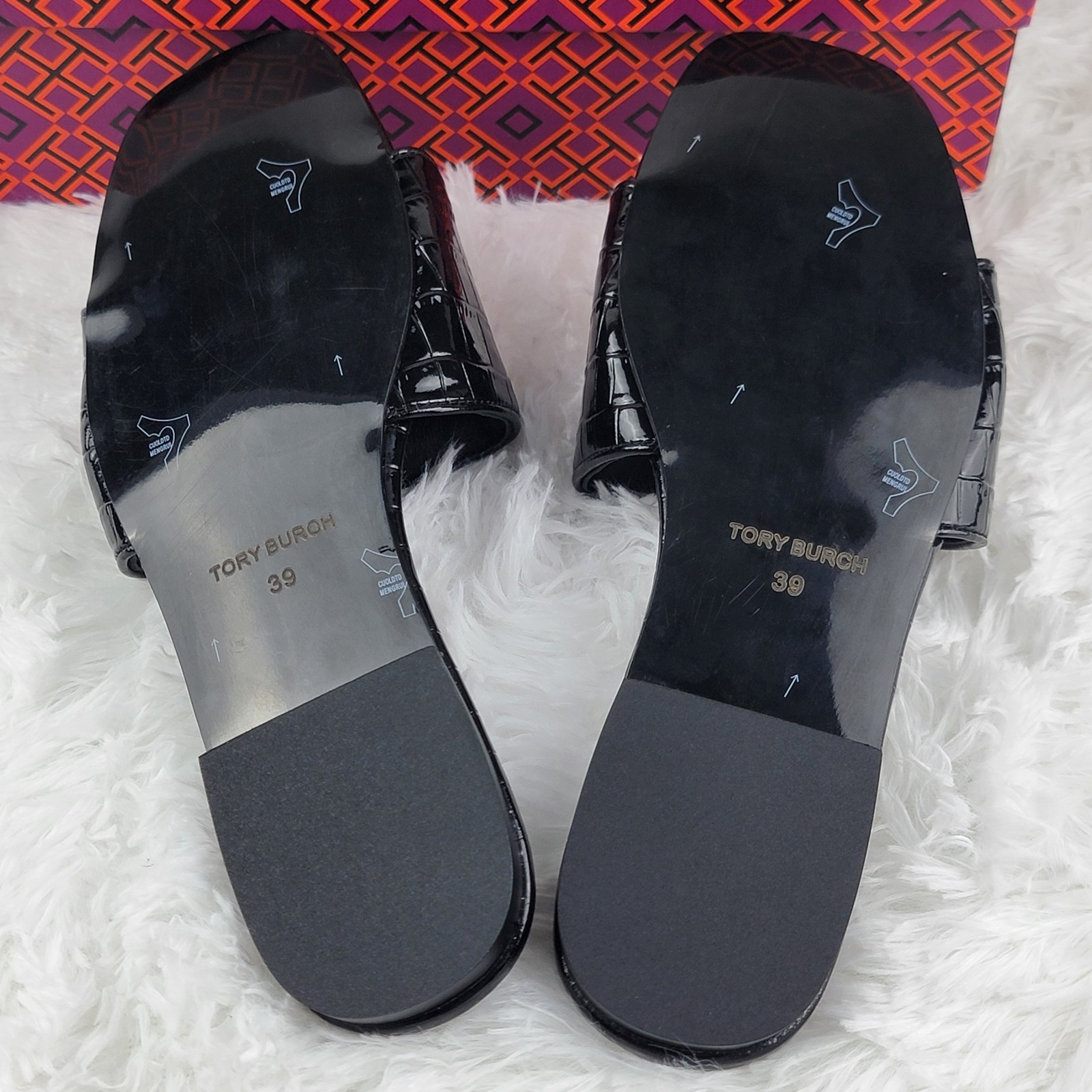Tory Burch Eleanor Size 8 39 Sandals Black Leather Croc Gold Logo Slides New Box