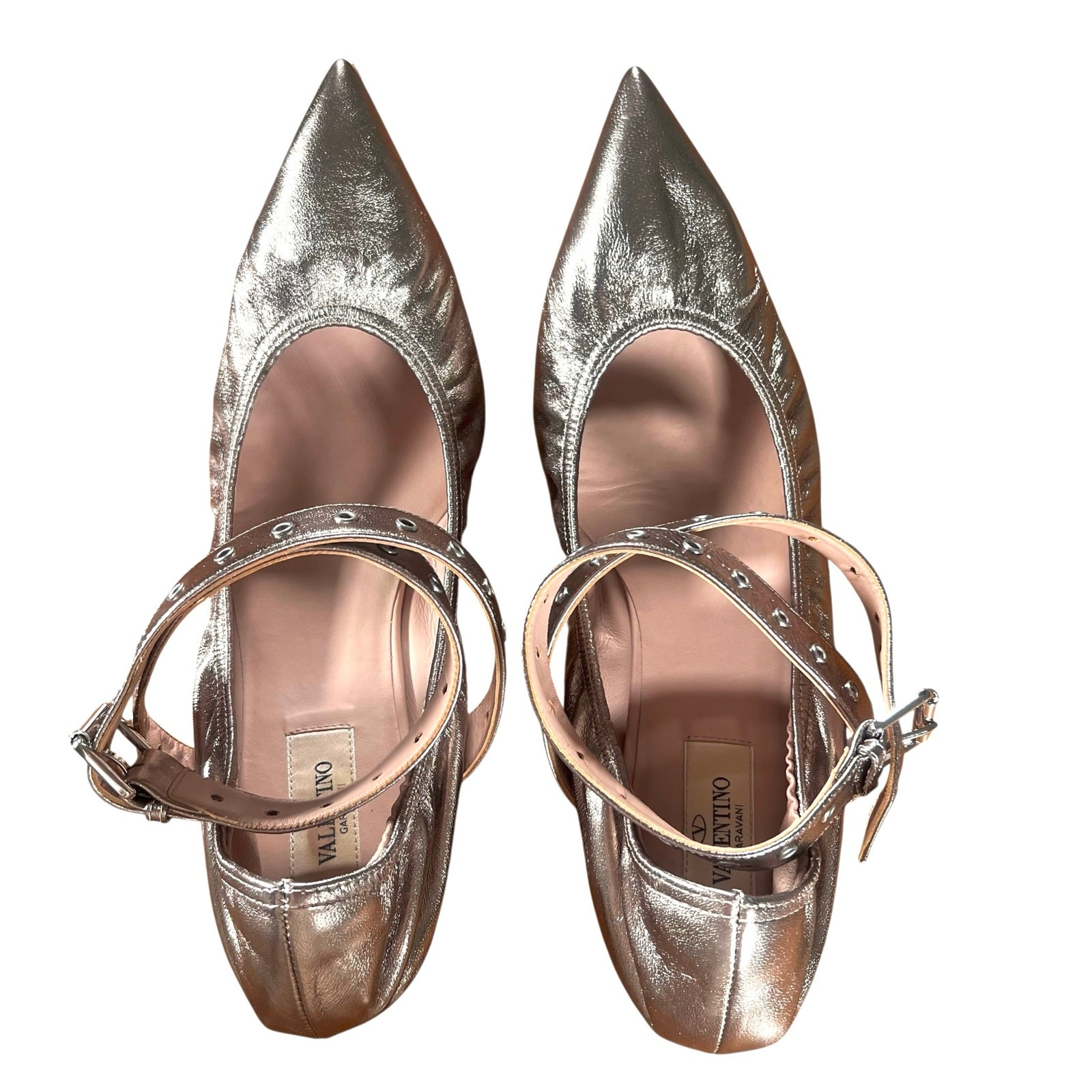 Valentino Garavani Love Latch Metallic Leather Point Toe Flats – EU40 US 9-9.5