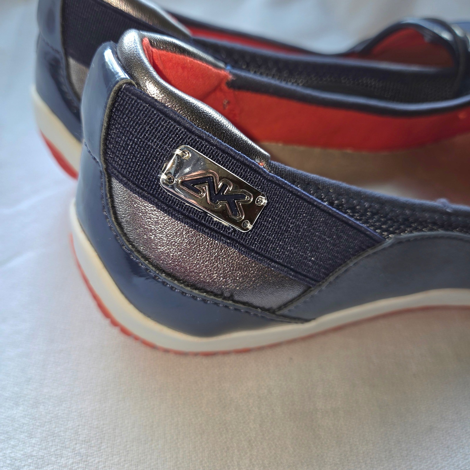 Anne Klein Sport Welcome Navy Blue Patent Textile Penny Loafers Shoes 8.5M