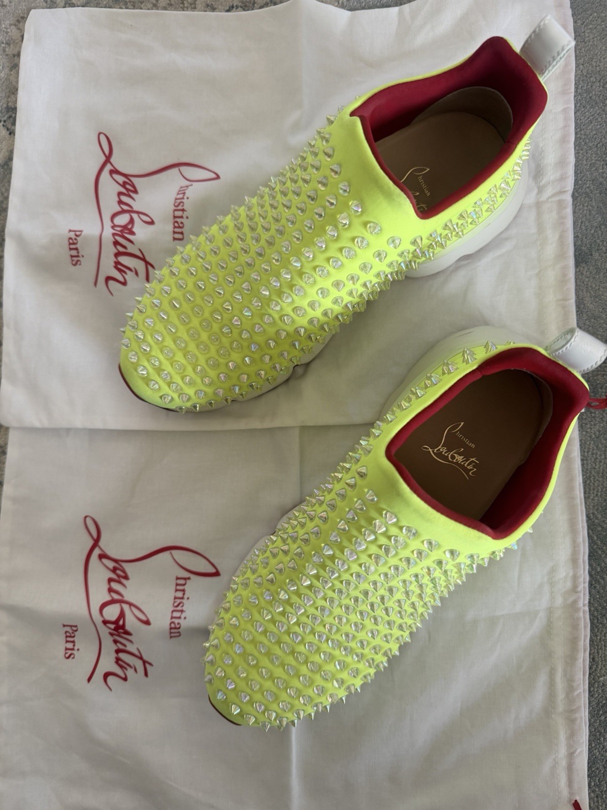 STUNNING CHRISTIAN LOUBOUTIN SPIKE SOCK ,slip-on sneakers in vibrant neon yellow