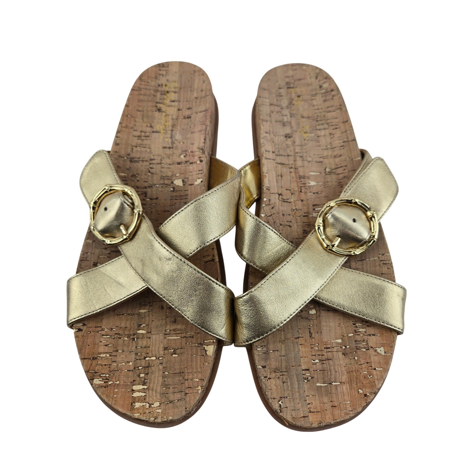 Lilly Pulitzer Bayshore Gold Metallic Leather Cork Slide Sandals Buckle 10 M