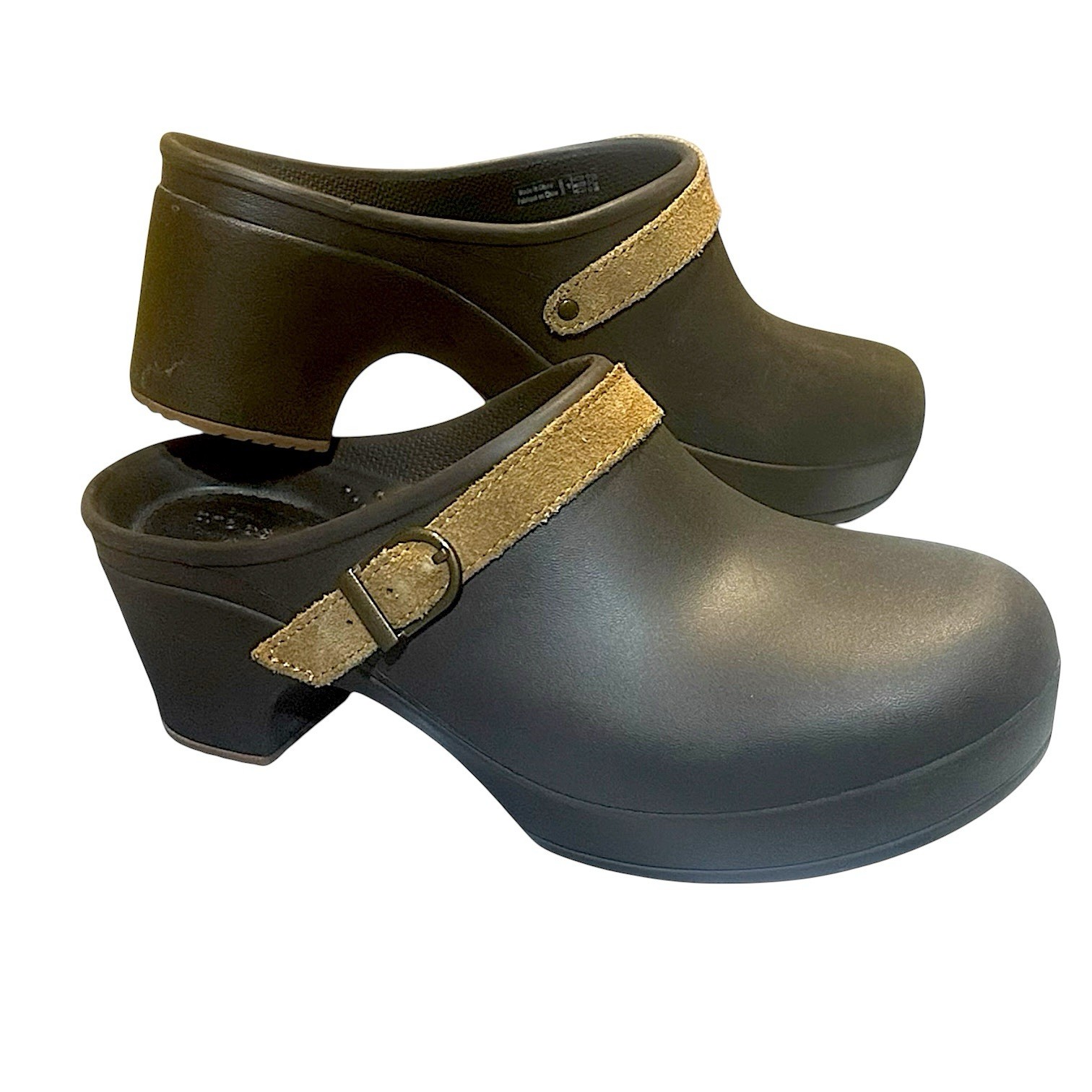 Crocs Sarah Expresso Brown Mule Rubber Block Heel Slip-On Comfy Shoe (W8)