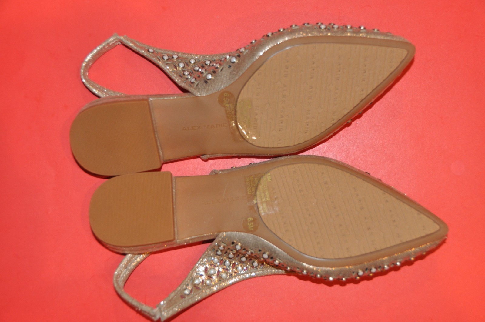 NWOT Alex Marie Labella Sling Back Flats Gold Metallic Pearl Studded size:6.5