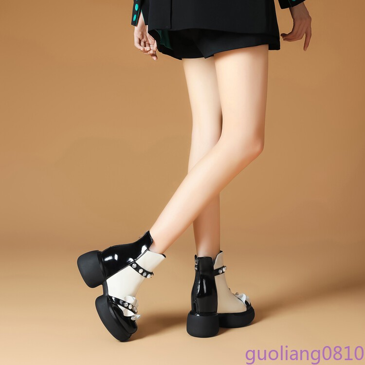 Matching Women’s Leather Ankle Boots Pearl Round Toe Back Zip Block Heel Fashion