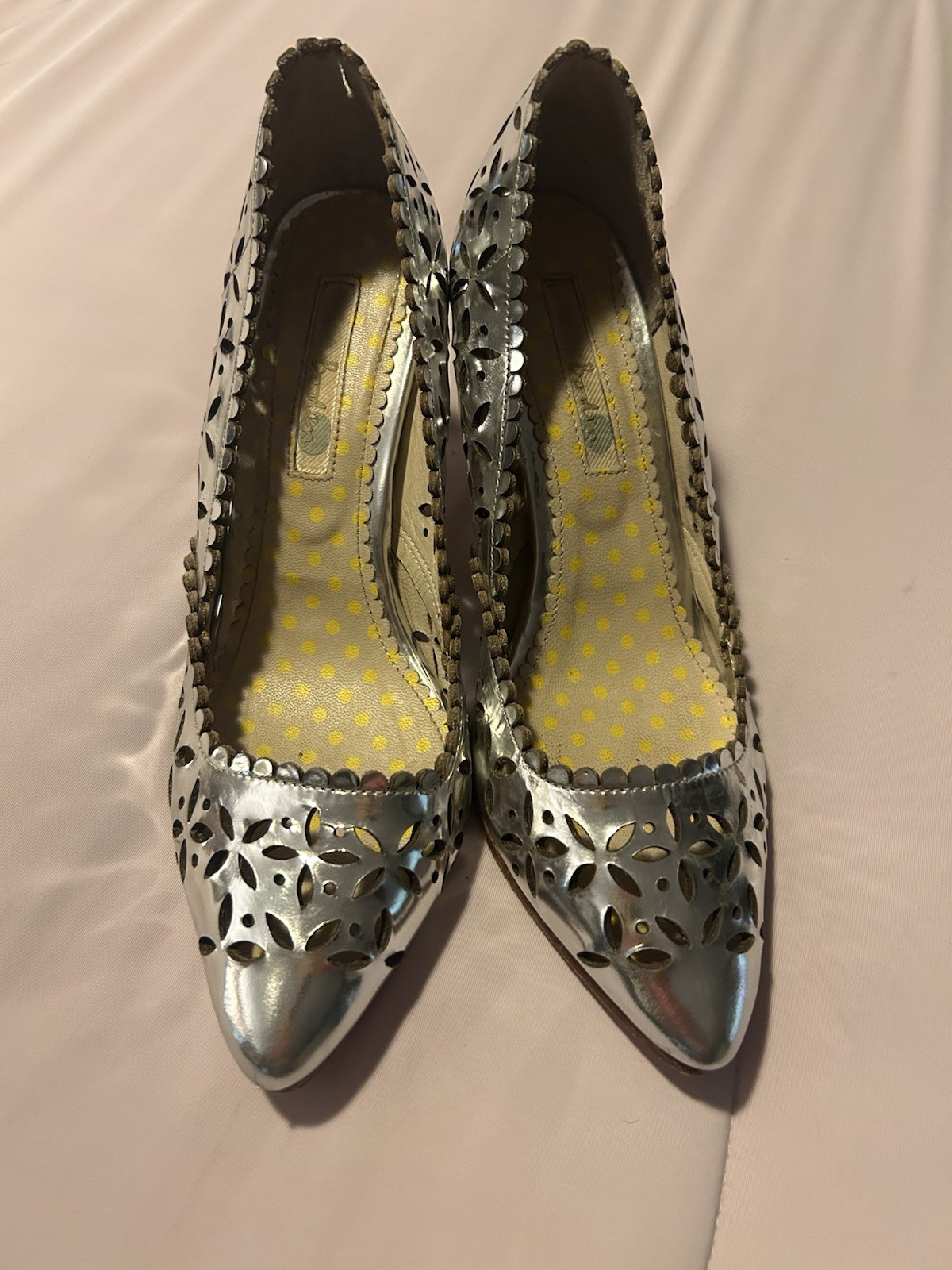 Boden Women’s Silver Leather Cut-Out Scalloped Pointed Toe Slip-On Pumps US 6