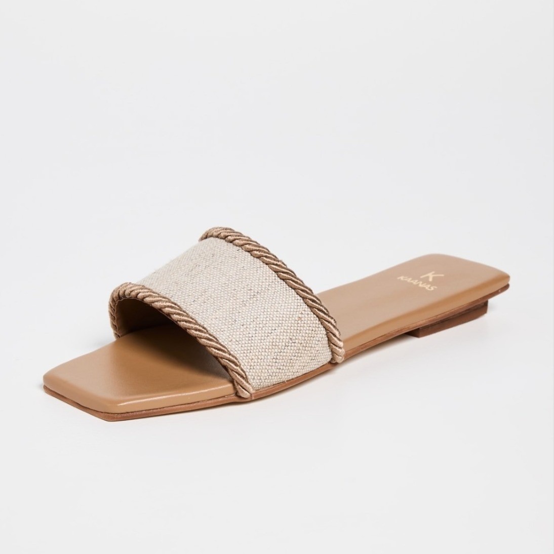 KAANAS Finn Caramel Linen Rope Trim Square Toe Flat Slide Sandals Size 7 NIB