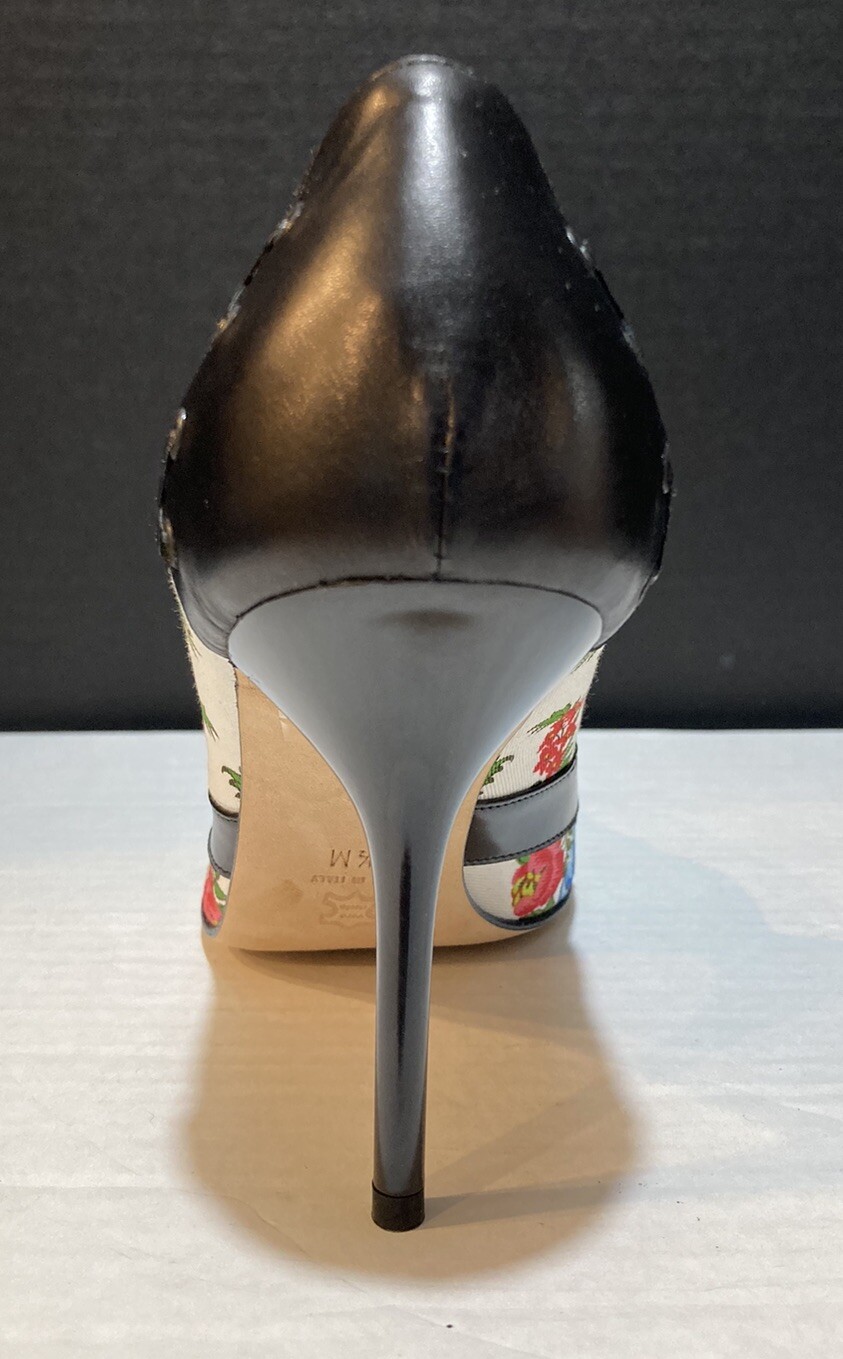 ISABELLA FIORE Flower Pattern Fabric & Black Leather Pumps In Box Beautiful