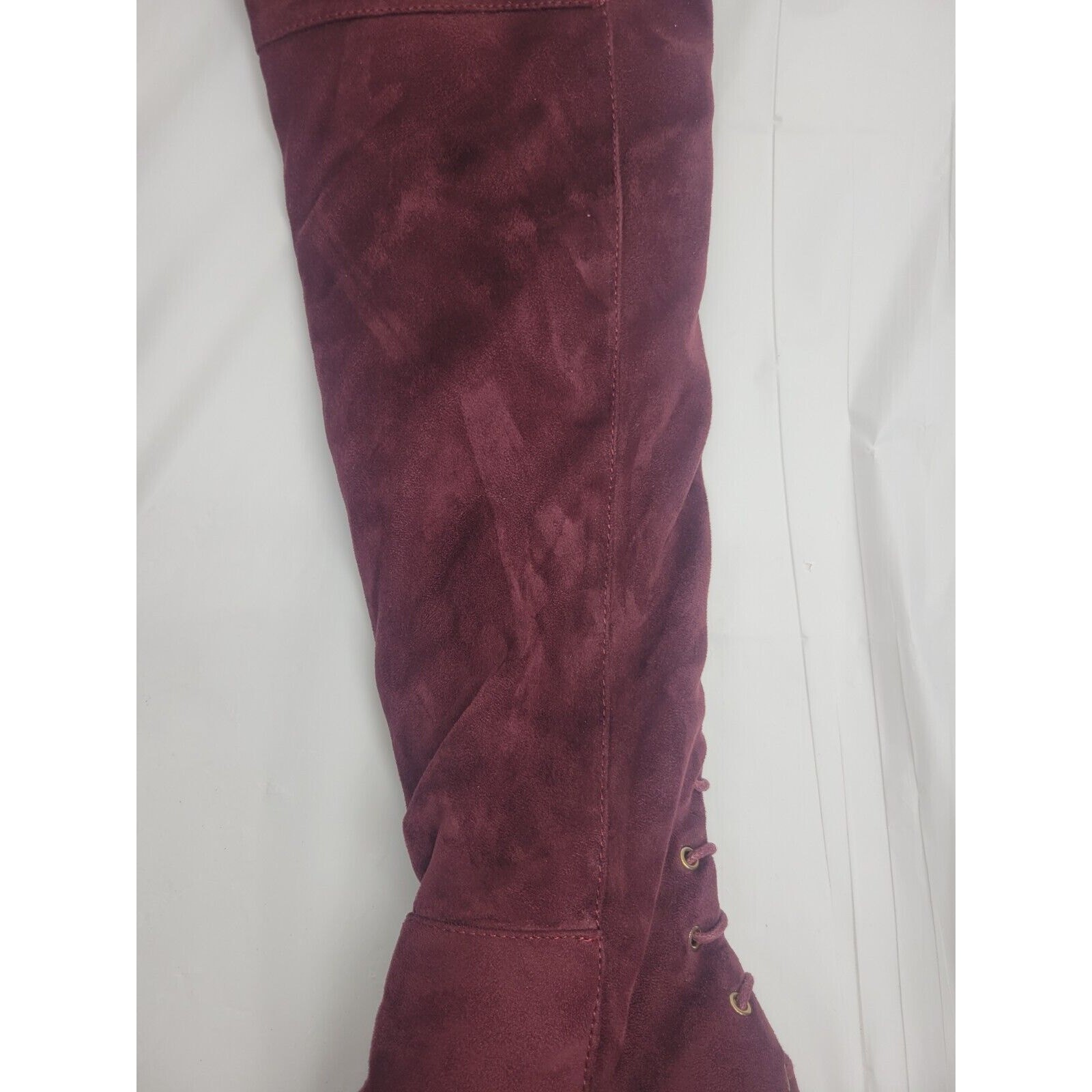 Indulge Size 7 Suede High Heel Over The Knee Boots Lace Up Zip Burgundy Maroon