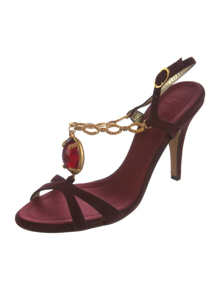 GIUSEPPE ZANOTTI Burgundy Suede Gold Chain &Red Jewel T-Strap Sandals IT 38 Good