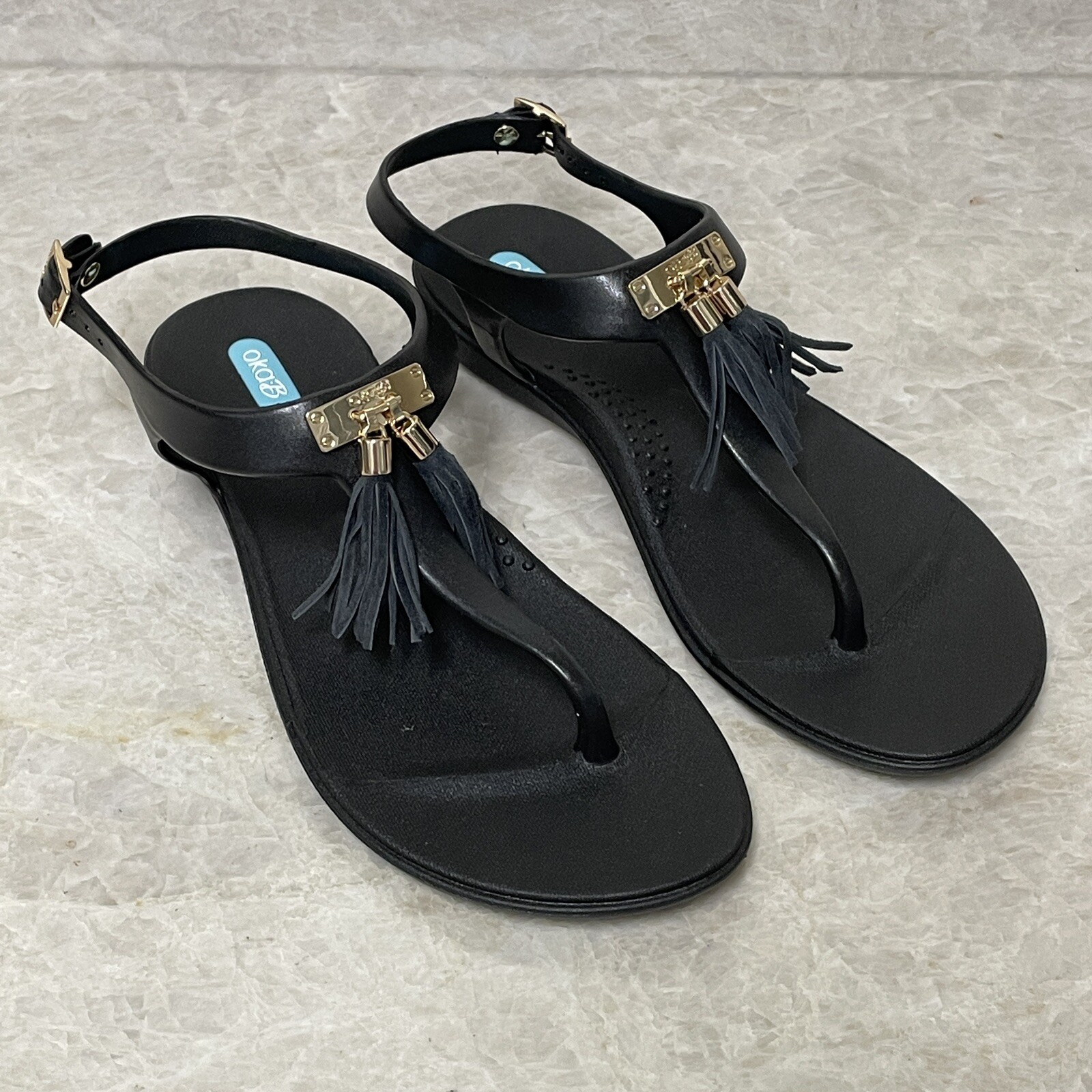 Oka-B Thong Sandals Womens 9 Black Tassel Jelly Comfort Flip Flops Summer New