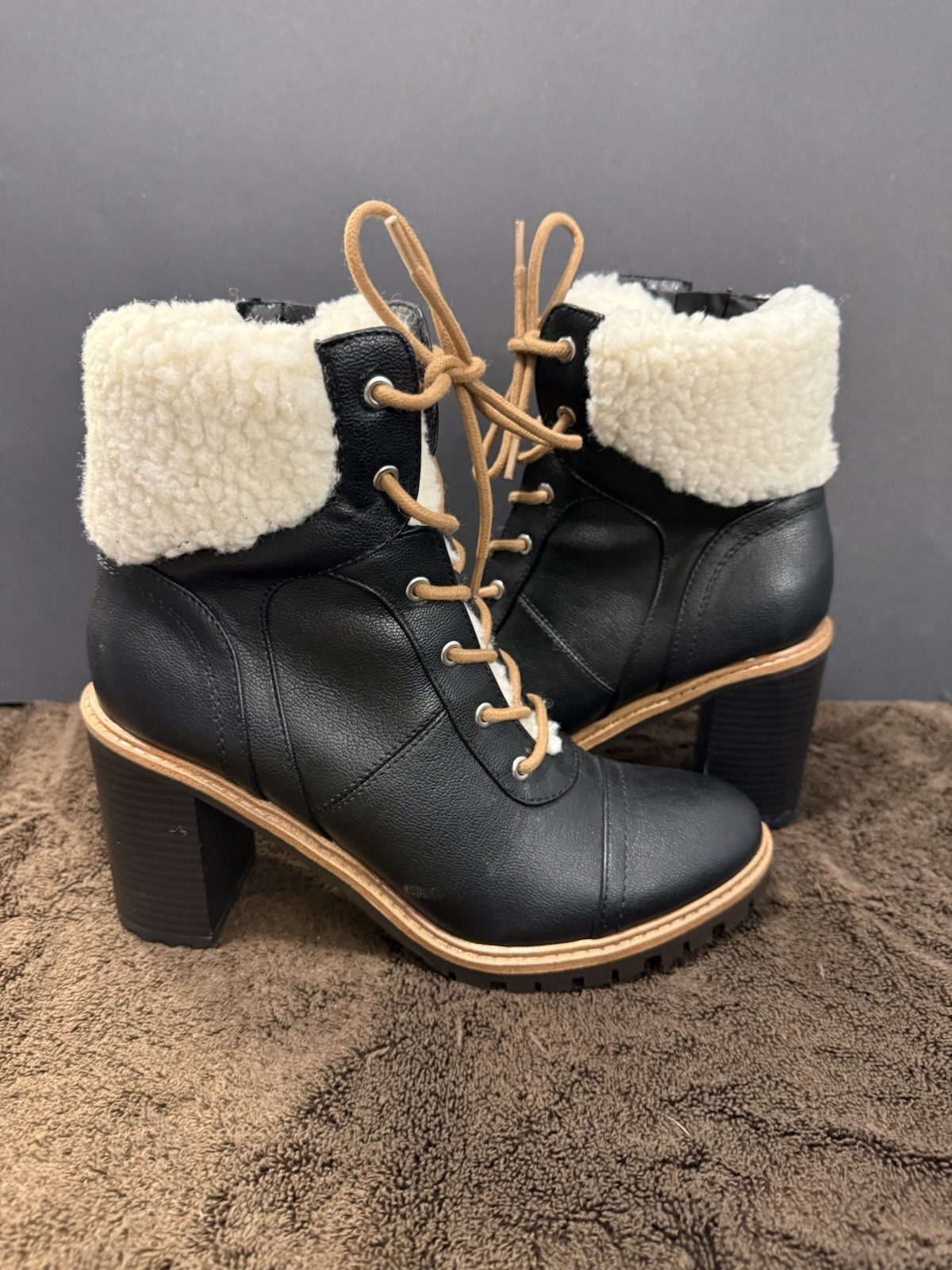 Nine West Boots Womens 8 M Penni Faux Fur Trim Lace Up Zip Heels Bootie Black