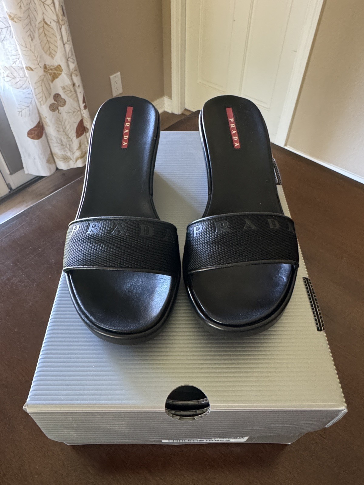NEW AUTHENTIC PRADA BLACK SLIDE WEDGE HEELS WITH BOX SIZE 6 36 RETAIL $400