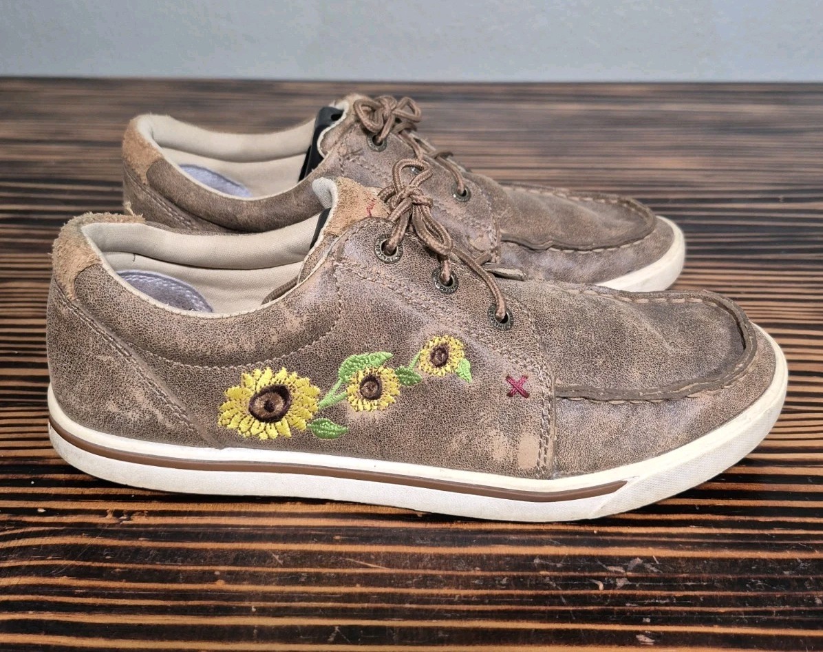 Twisted X Western Sunflower Moc Toe Brown Leather Shoes Womens Size 8.5