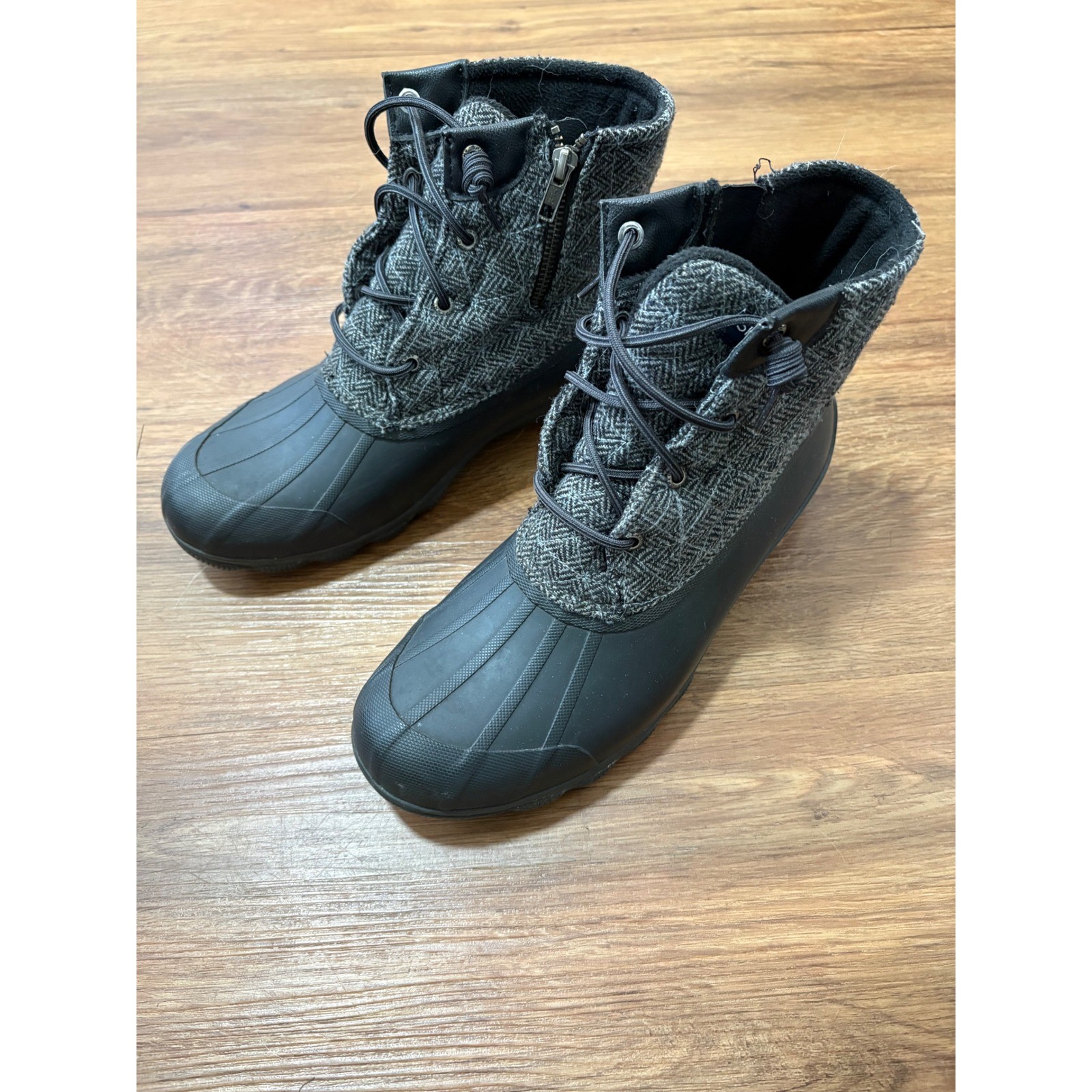 Sperry Saltwater Herringbone Wool Duck Boots Black Grey STS99766 Womens 10M