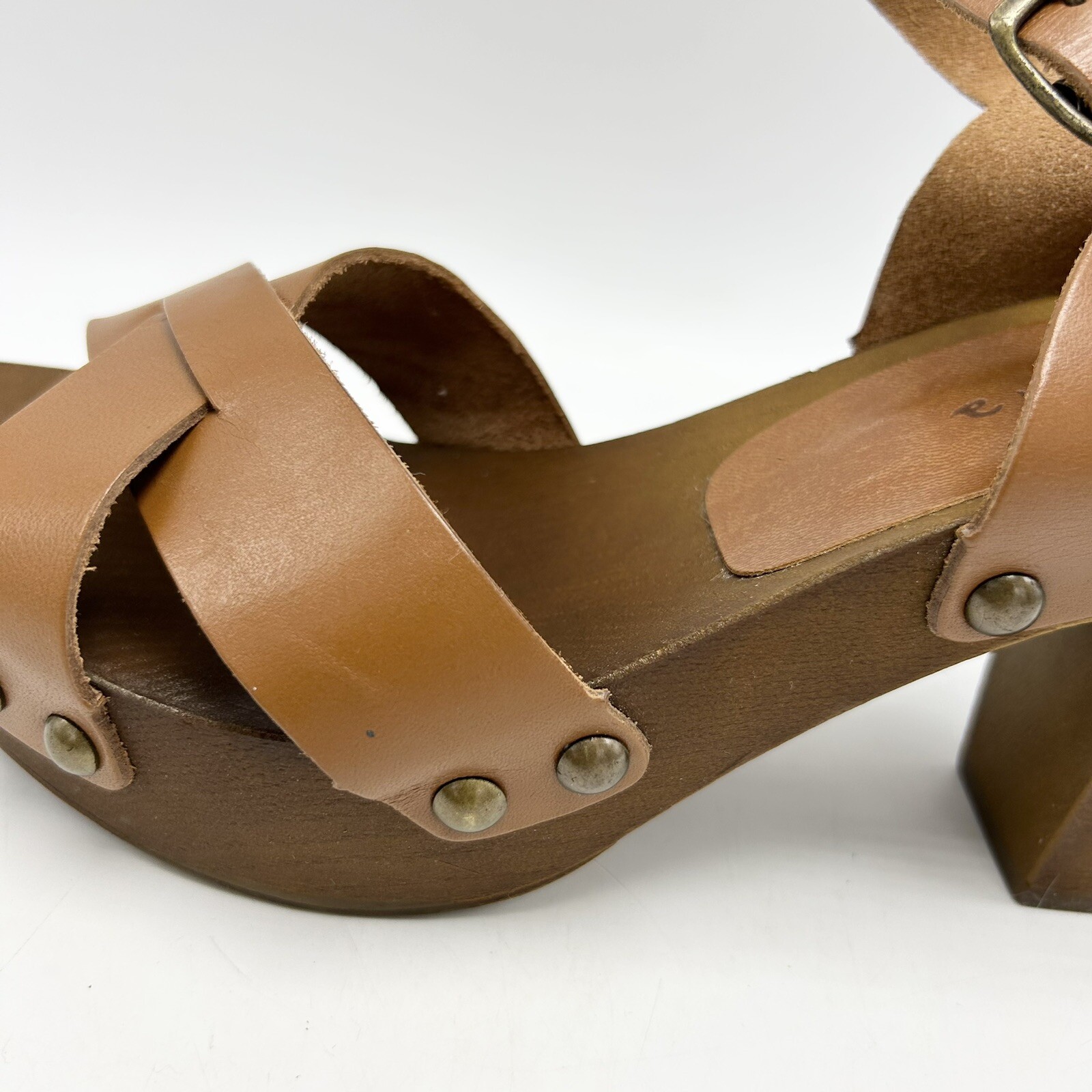 Mariella Sandals Womens 9.5 M Brown Leather Block Heels Wood Look Made in Italy