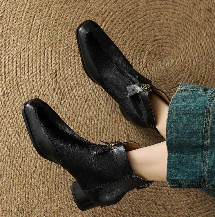 Women Winter Pointed Toe Block Heel Ankle Boot Fluff Leather Chelsea Short Boot