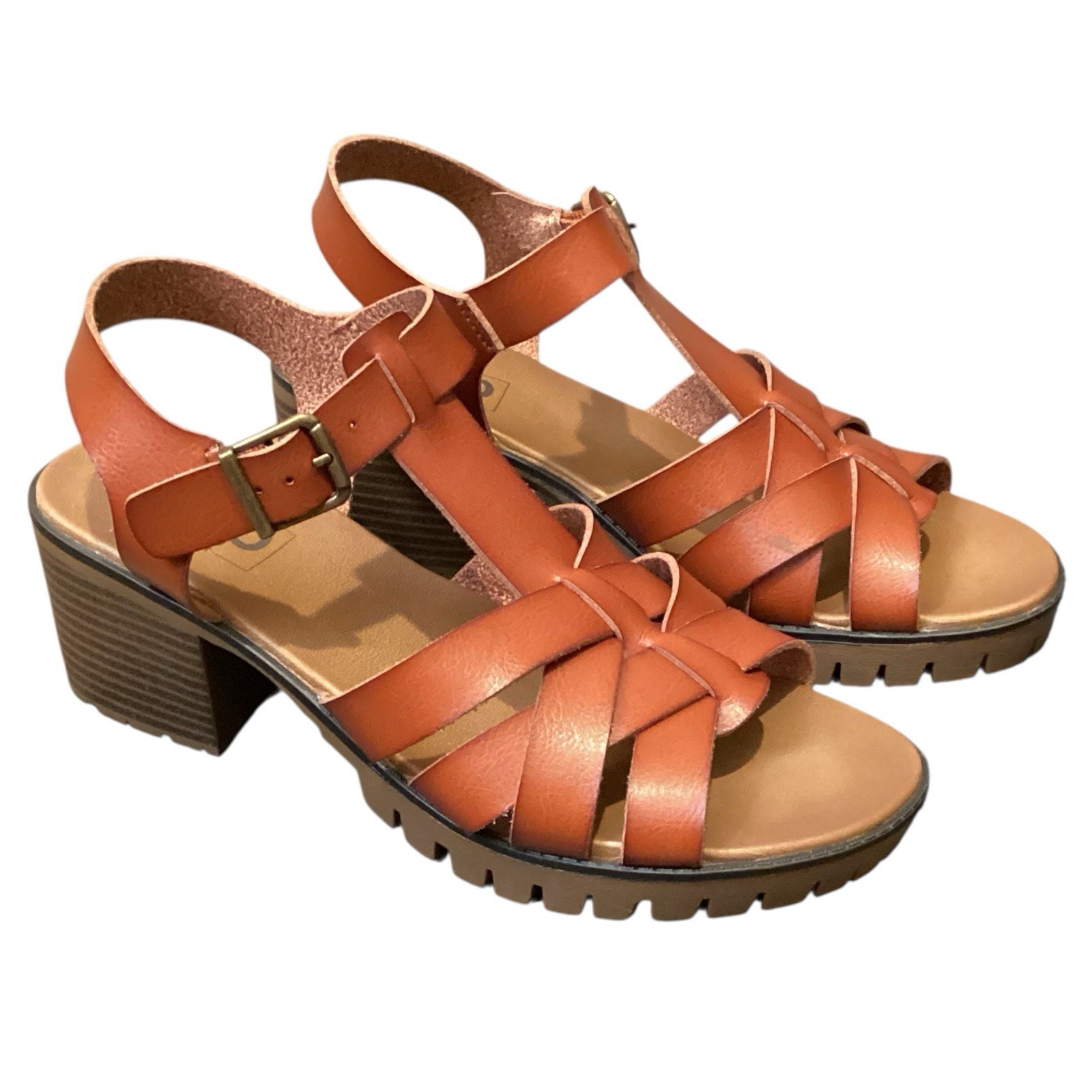 POP Comfort Fit Sandals Block Heel Chunky Strappy Leather Cognac Size 9 Women’s