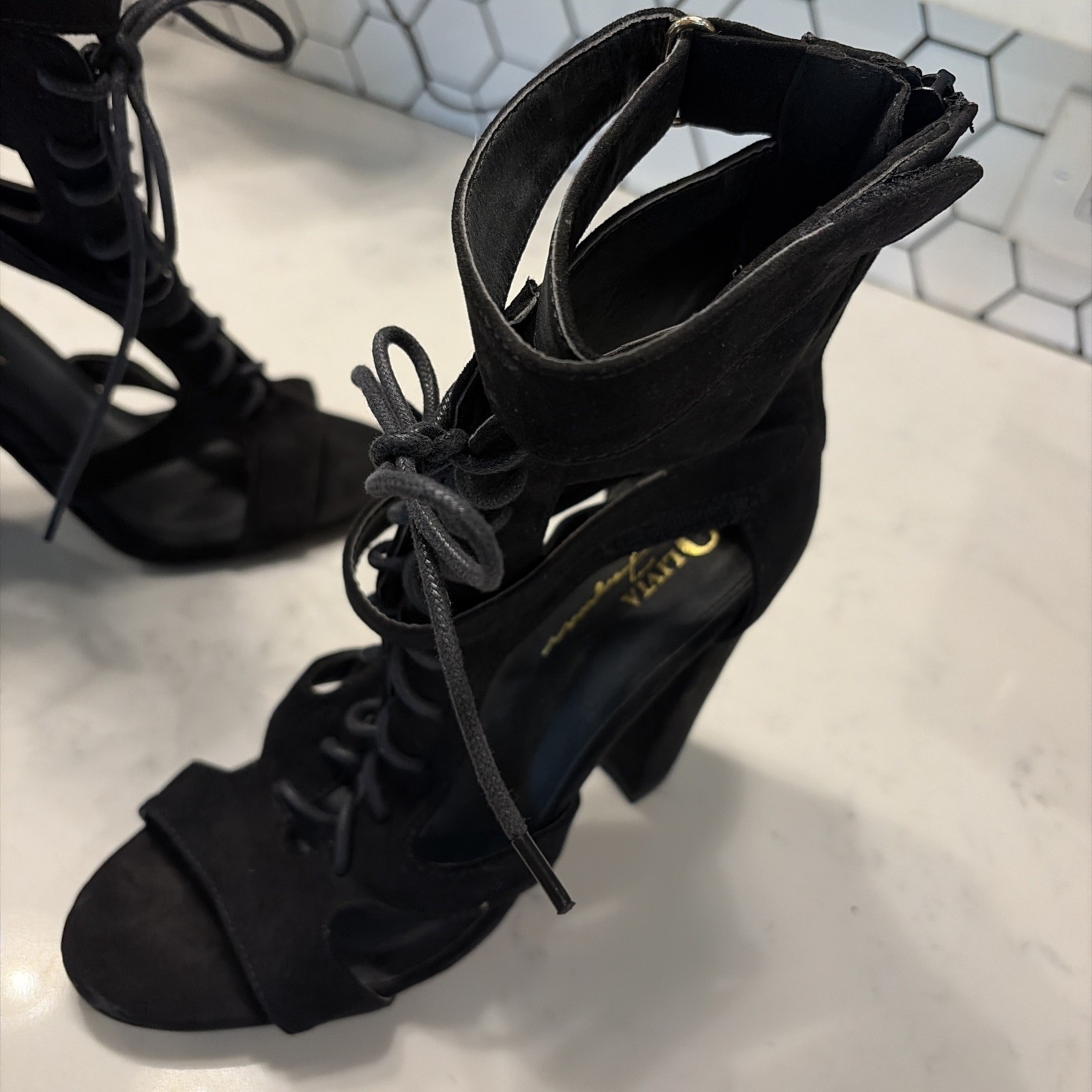 Olivia James Black Sure Lace Up Heels Size 9 4.25” Heel