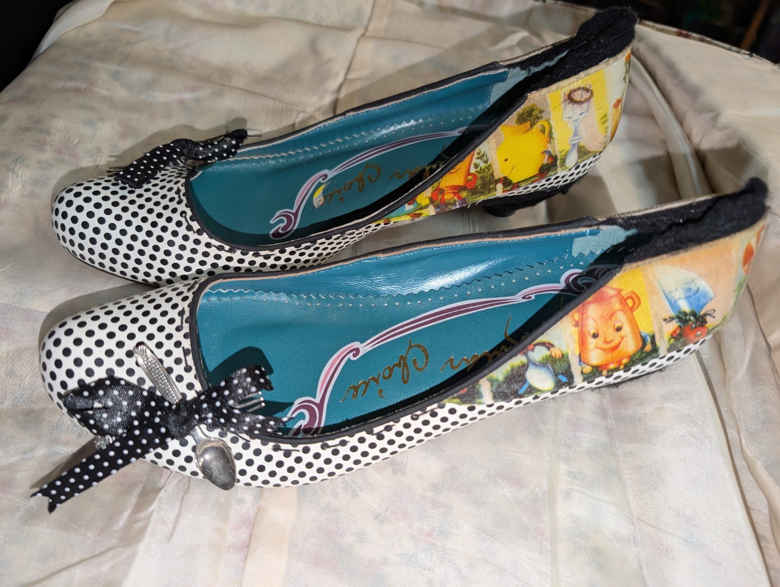 Black White Polka Dot Spoon Teapots Kitten Heels Irregular Choice 8.5-9