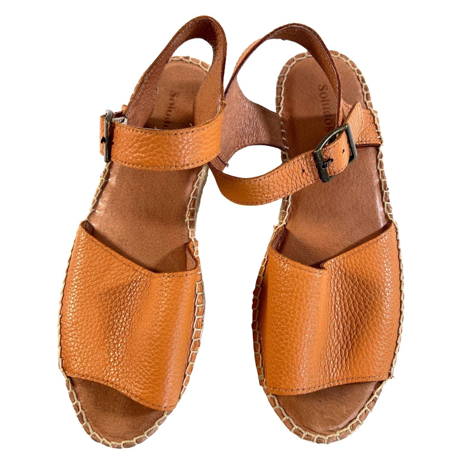 Soludos Womens Tan Pebbled Leather Ankle Strap Espadrille Sandals Size 7.5 Flat